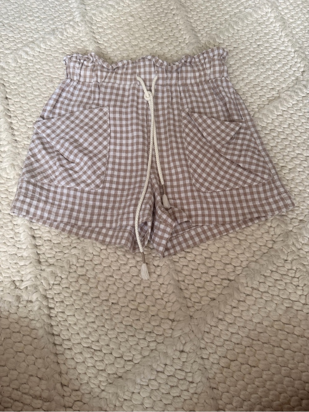 High-Waist Gingham Paperbag Shorts in Taupe
